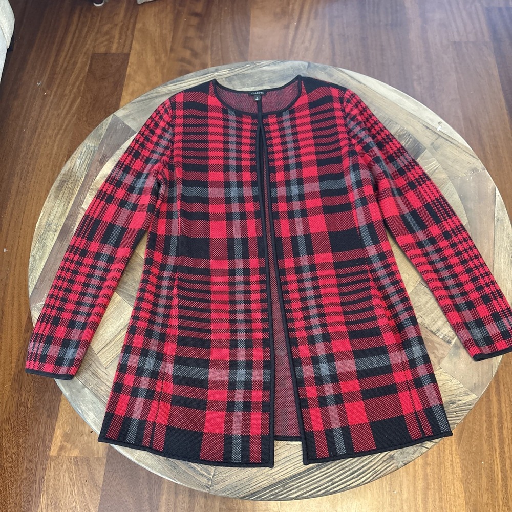Talbots Cardigan Sweater Open Front Red Black Gray Tartan Plaid Cotton Knit